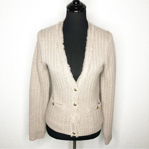 Draper James tan wool fringe trim button front cardigan size Medium - Picture 1 of 16